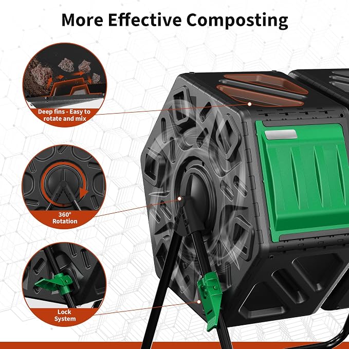 Compost Bin, 37-Gal Dual Chamber Composter Tumbler, Black Green | Steel Frame with 2 Sliding Door and Aeration System, 360° Rotating, Tumbling Composting Bin for Kitchen, Garden, Yard