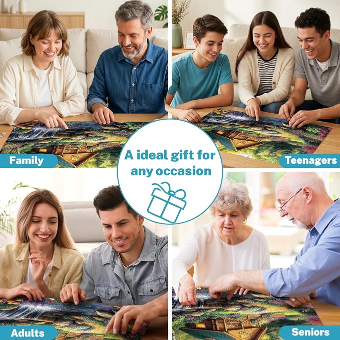 500 Piece Puzzle for Adults – Cozy Cabin Jigsaw Puzzles 500 Pieces, Forest Cottage Landscape with Waterfall & Flowers, Relaxing Adult Puzzles, 20.5 x 15 in