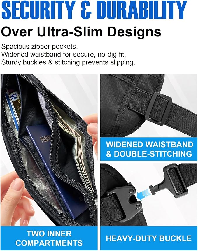 Money Belt for Travel, Passport Holder, RFID Blocking, Sweat-Proof, Black | 3rd Gen Hidden Waist Wallet Anti Theft to Protect Cash, Credit Cards and Documents Under-Clothes for Men & Women, Bamneat
