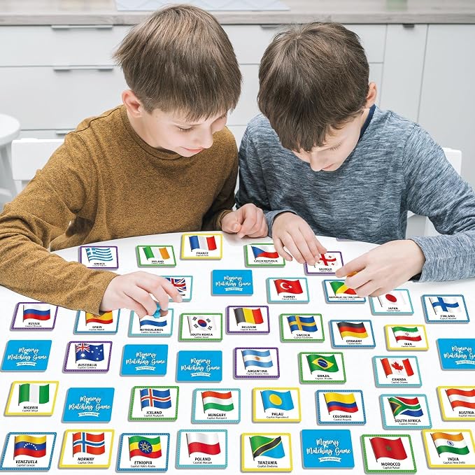 gisgfim 100 PCS Memory Matching Game Flags of The World Concentration Memory Card for Kids and Adults Learning Educational A Fun & Fast Countries of The World Matching Games