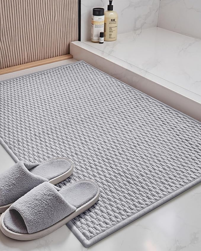 Color&Geometry Bathroom Rugs with Rubber Backing, Non Slip Machine Washable Bath Mat, Soft Absorbent Chenille Boho Carpet for Bathroom Floor, Tub and Shower,24"x36", Light Grey