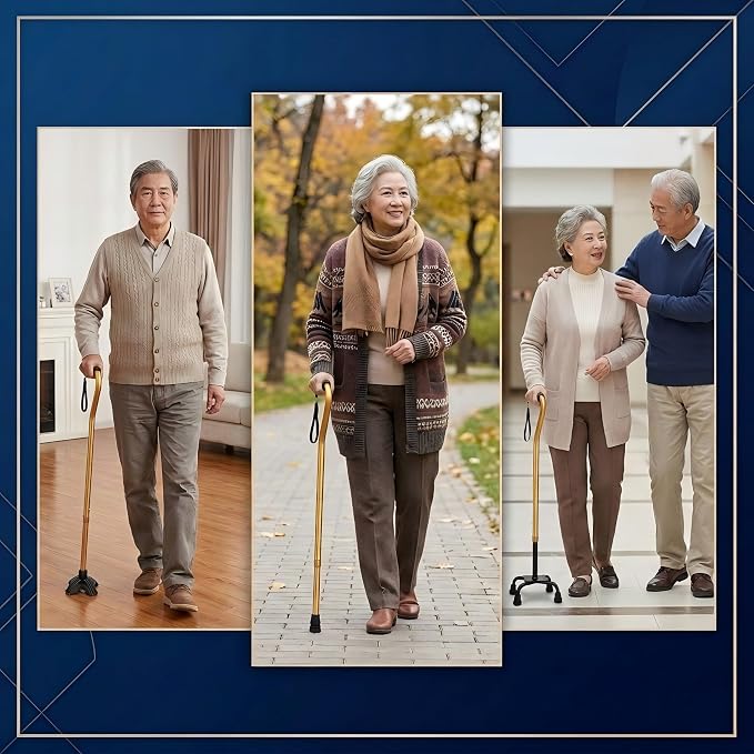 PARLORA Walking Cane 4 Prong for Stability - 3-in-1 Foldable Heavy Duty Cane with Interchangeable Quad & Single Bases, 8 Adjustable Heights, Offset Handle & Wrist Strap for Women, Men & Seniors