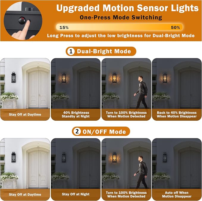 20 Inch Large Motion Sensor Outdoor Wall Lights | Matte Black, 3 Lighting Modes, E12 Sockets, Water Glass, Hardwired, Waterproof Dusk to Dawn Outdoor Lighting For Patio Garage