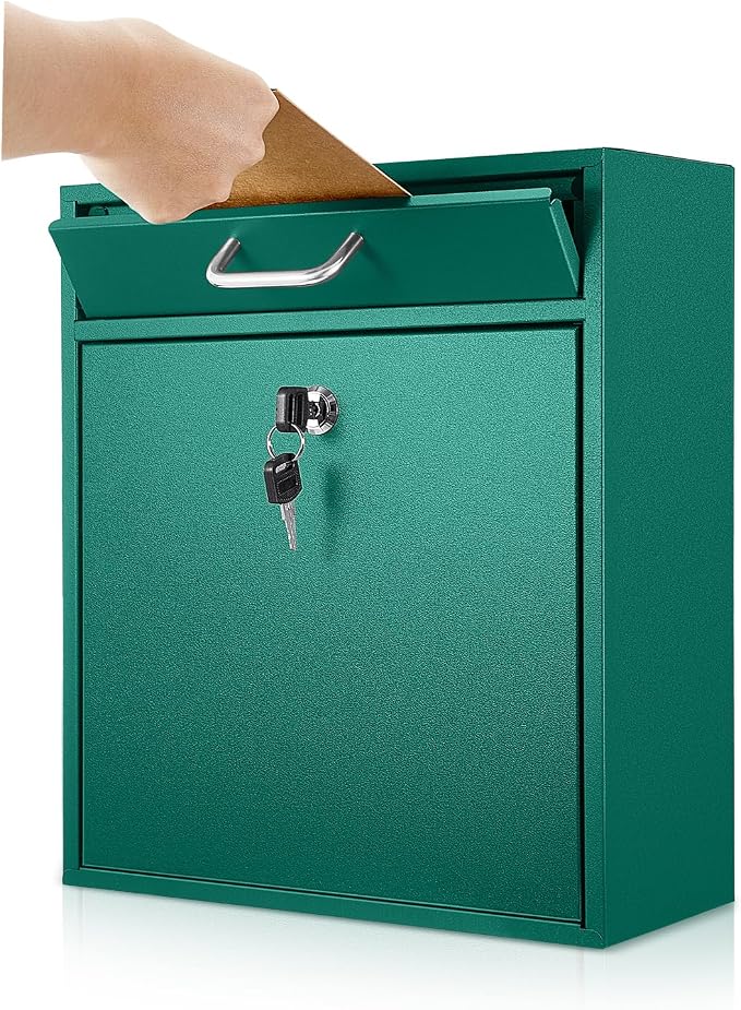 Yaocom Locking Mailbox with Key for Outdoor 12 x 10.5 x 4.7 Inches Large Wall Mount Mail Box with Lock Security Mail Drop Metal Collection Boxes Hanging Secure Postbox(Green)