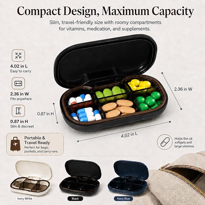 HyJeryty 6-Compartment Pill Organizer - Small Compact Travel Pill Case for Vitamins, Medication and Supplements - Portable Black Medicine Pill Box with Stylish Design