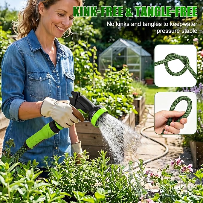 NON-EXPANDABLE Garden Hose 25ft x5/8'', Heavy Duty Flexible Water Hose with 10-Function Sprayer, Lightweight, Leak Proof, Durable Fabric Skin, Pressure Resistant for Yard, Outdoor