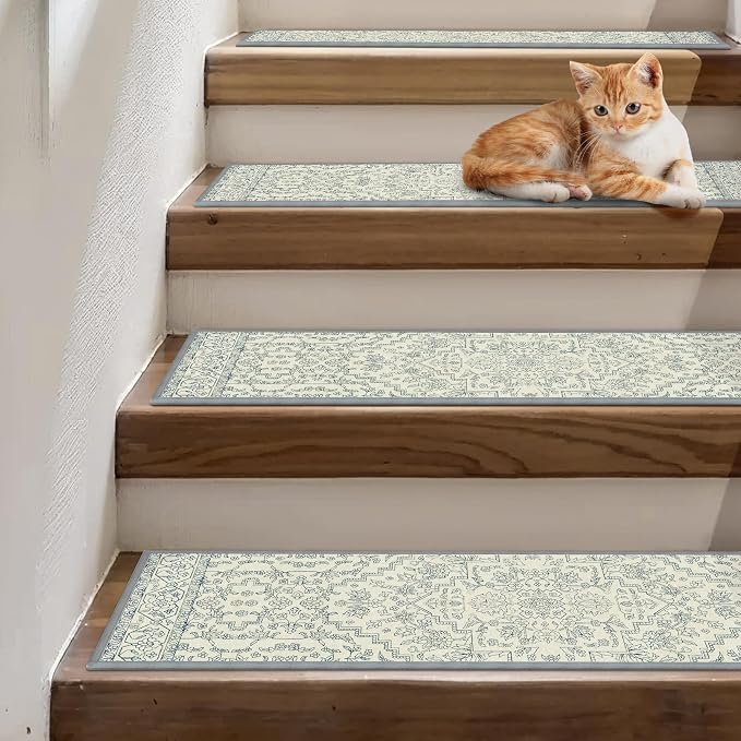 sarben 8"x30" Non Slip Stair Treads for Wooden Steps 15 Pack, Beige Line | Peel and Stick Carpet Stair Runner with TPE Adhesive Backing, Carpet for Added Safety, Pet and Senior Friendly
