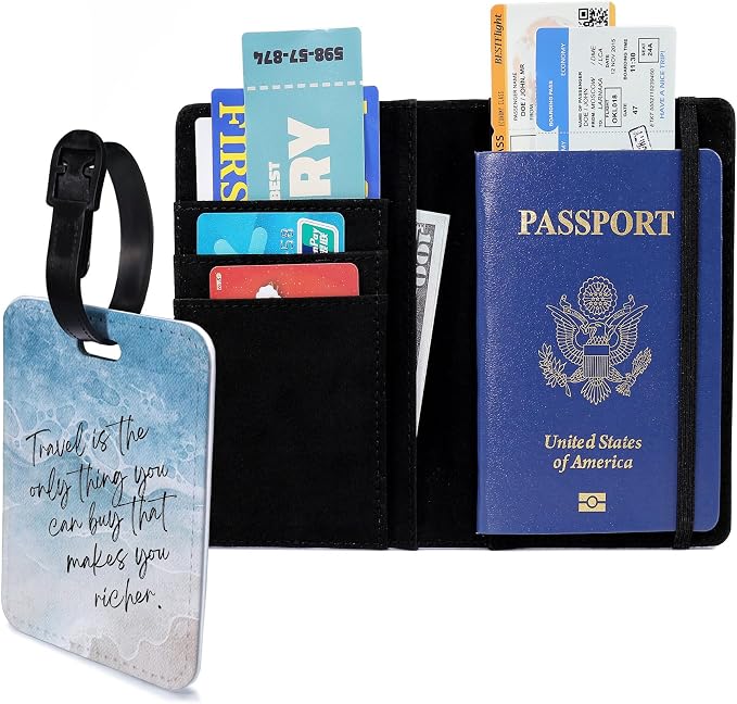 PDE-QUNLIAN Passport Book Holder,Passport Wallet for Men Mr and Mrs Passport Holder for Women Passport Cover World Map Passport Case for Couples Christmas Traveling Luggage Tag 2PCS