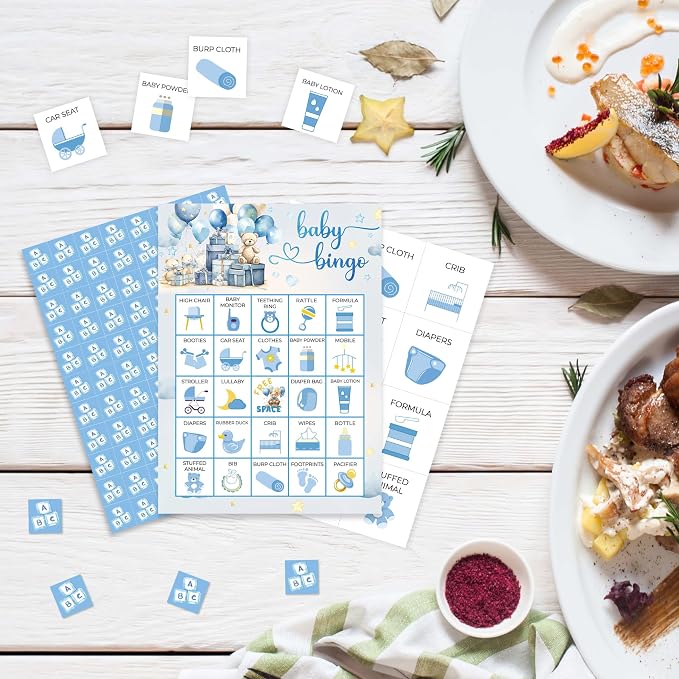 Baby Bingo Game Cards, Balloon Bear Bingo Games for Adults, Blue Baby Shower Bingo Cards Supplies, Gender Reveal Party Decor Favors, Card Gifts for Women Friends Family Birthday Holiday