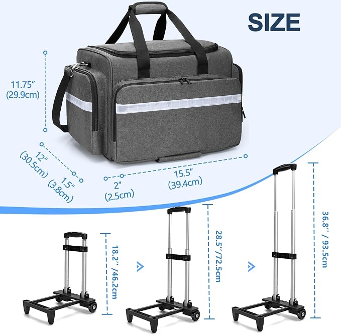 Damero Rolling Medical Bag with Detachable Trolley & Cover Fixed Strap | Medical Bag On Wheels with Inner Dividers, Bottom Support Board, Shoulder Strap for Home Health Nurses, Doctors, EMT, EMS