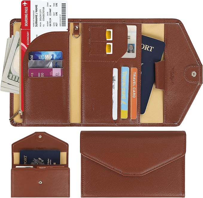 Passport Holder Travel Wallet Organizer for Women,Seal Brown | RFID secure, 6 card slots, 23 sim pockets, passport holder with zip-around wallet, slim fit for women travelers.