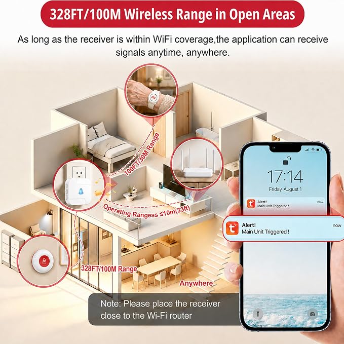 SanJie WiFi Caregiver Pager with Remote App Alerts & Family Sharing, IP55 Water-Resistant Call Button for Elderly at Home, Recovery Care & Night Care, 110dB Loud Alarm & 20 Chimes (Only 2.4GHz Wi-Fi)