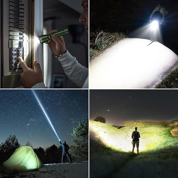 WdtPro LED Rechargeable Flashlight 2 Pack, 3 Modes Super Bright High Lumens Flashlights, Zoomable Tactical Flash Light with LCD Display, IP65 Waterproof Flashlights for Home Emergency Camping - Green