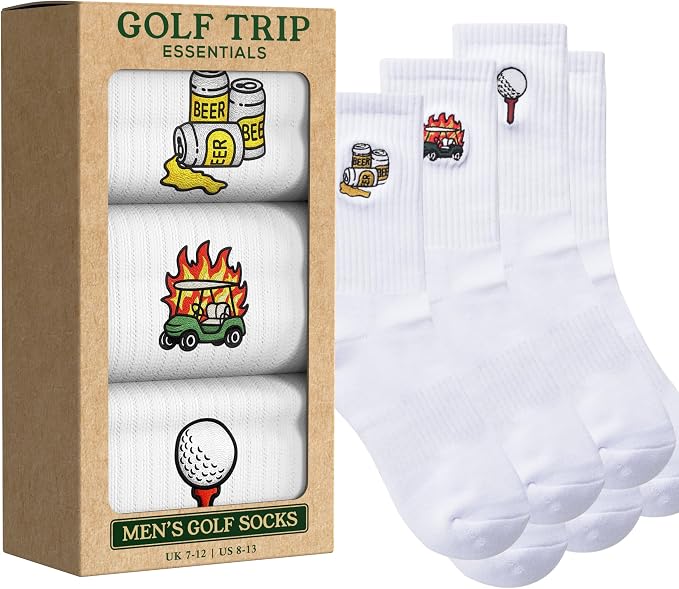 Shanker Golf Socks - Golf Trip Essentials White Socks – 3 Pack, Size 8-13 - Funny White Socks for Men – Perfect Golf Accessories – Funny Golf Gift - Dad, Husband, Boyfriend, Fathers Day