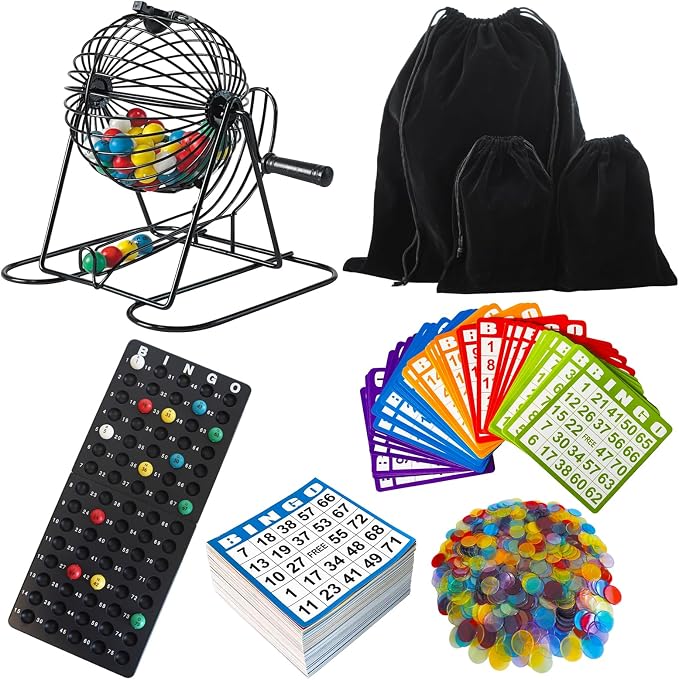 SEETOOOGAMES Deluxe Bingo Game Set - Metal Cage, 50 Bingo Cards, 500 Paper Sheets, 500 Chips, 75 Balls, Plastic Master Board - Great for Large Groups, Family Games Nights Parties (Round Cage)