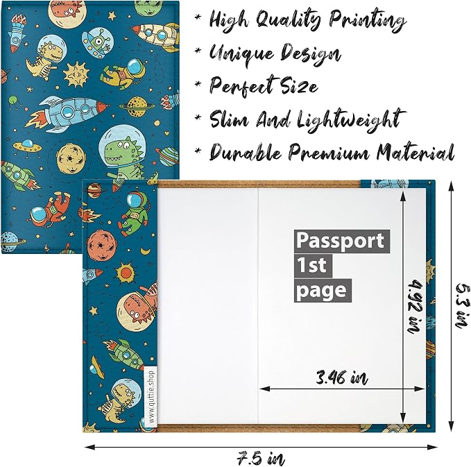 Passport Cover for Kids, Women and Men, Cute Travel Passport Holder (Dinosaur Rocket Pattern)