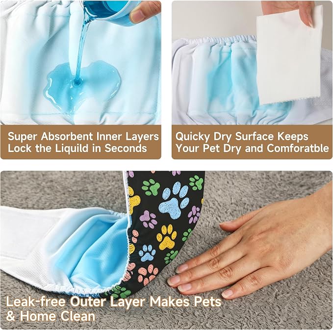wegreeco Washable Male Dog Diapers (Pack of 3) - Washable Male Dog Belly Wrap (Colorful Footprints, Large)