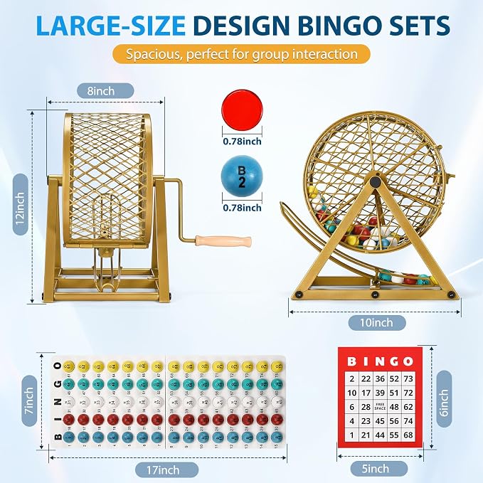 GADFISH 12" Bingo Game Set, Bingo Sets Adults for Large Group Seniors, 0.78" Bingo Balls with Steel Cage, 30 Cards, Board and Chips for Adults Parties, Game Night, Community