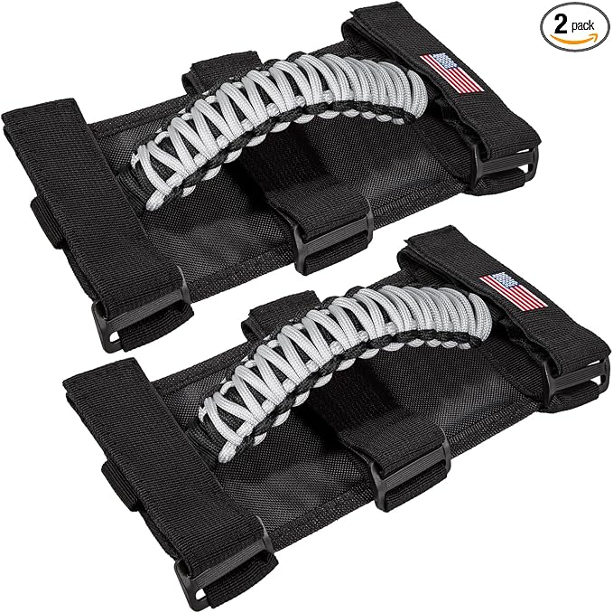 Roll Bar Grab Handles Grip Handle for Jeep Wrangler JK JKU JL JLU TJ YJ Sport Sahara Freedom Rubicon Unlimited Gladiator JT 1955-2023 UTV ATV Accessories Premium Paracord US Flag (Gray 2 Pack)