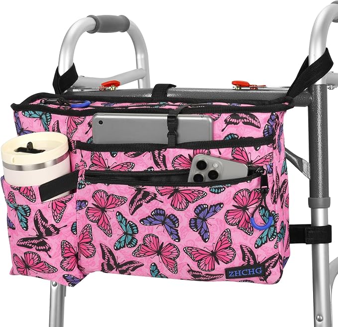 ZHCHG Walker Bag with Cup Holder, Walker Accessories for Seniors Detachable | Foldable Walker Basket with Large Capacity, Best Gift (Not Fit Rollator Walkers)- Lightpink