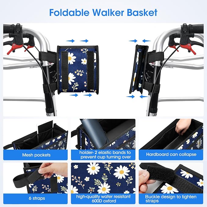 Dotday Upgraded Walker Basket with Cup Holder, Foldable Walker Bag | Basket for Walker for Senior, Walker Accessories for Folding Walker, Large Capacity, Never Tipping Over, Not Fit for Rollator
