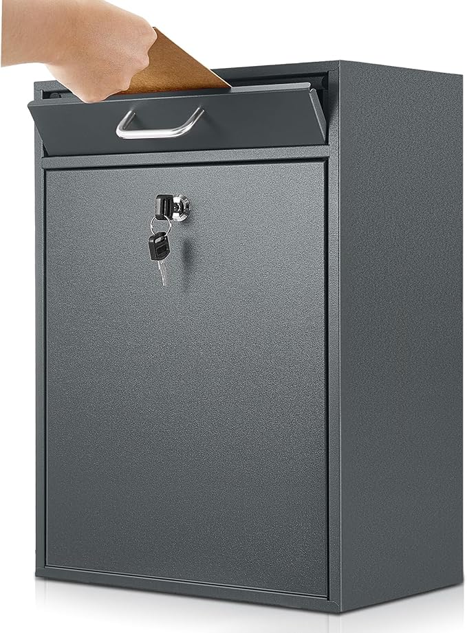 Yaocom Locking Mailbox with Key for Outdoor 18 x 15 x 7 Inches Large Wall Mount Mail Box with Lock Security Mail Drop Metal Collection Boxes Hanging Secure Postbox(Dark Gray)