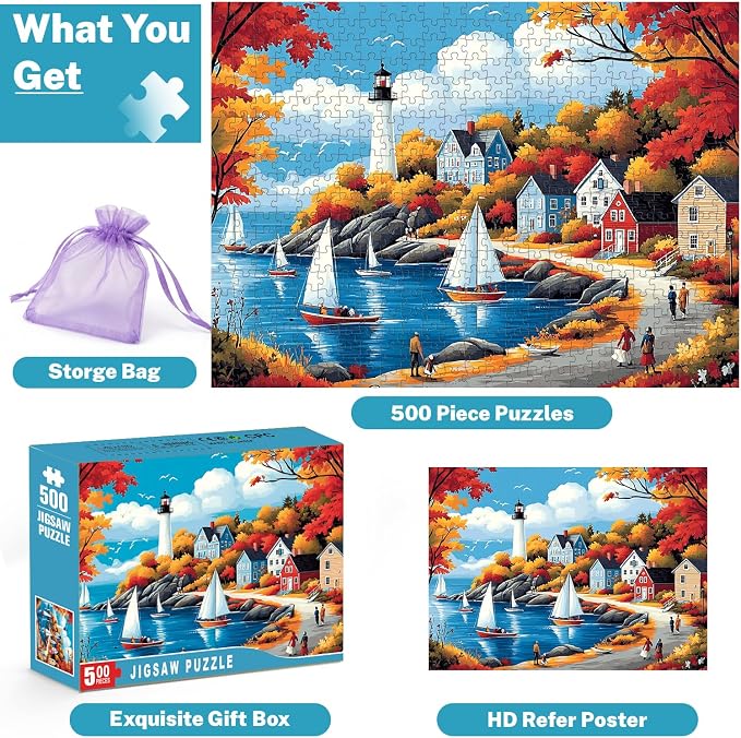 500 Piece Puzzle for Adults, Autumn Coastal Lighthouse Jigsaw Puzzle, Sailboat Harbor Village Landscape, 500 Pieces Puzzles for Adults with Letters on Back, Fall Scene Gift 20.5 x 15 in