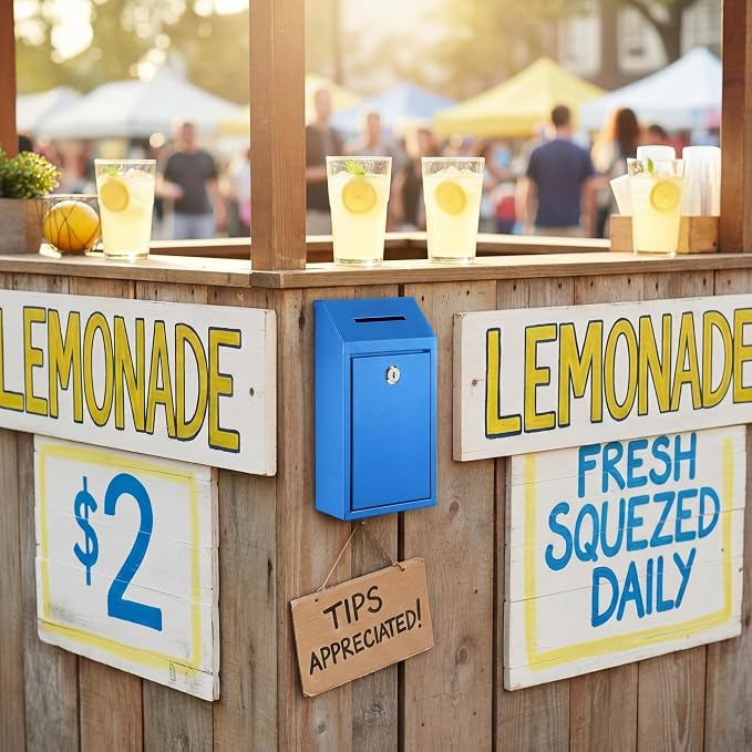 Yaocom Metal Money Box,Blue,10.24 x 5.71 x 2.95 Inch,No Lid | Wall Mounted Drop Donation Cash Box for Farm Stand Collection Safe Suggestion Box with Lock Container for Home Office Outdoor