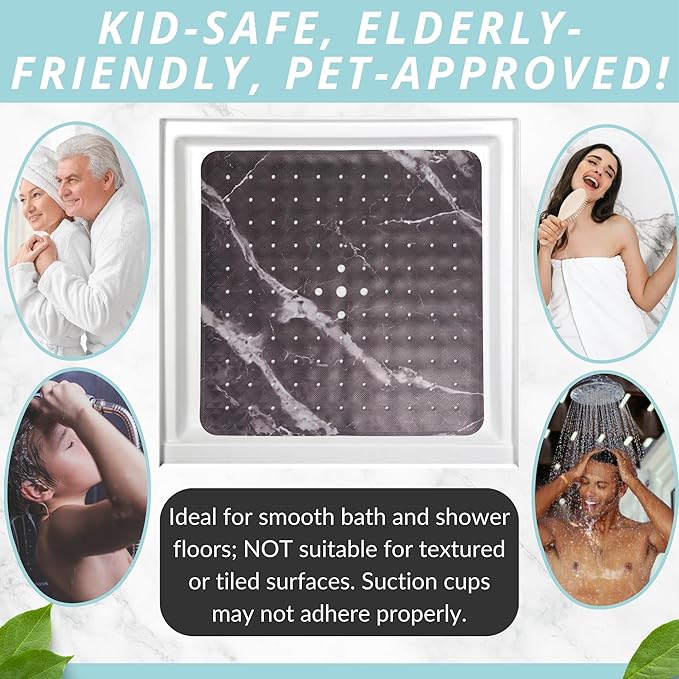 ENKOSI Square Shower Mat 21 x 21 – Anti Slip Shower Mat with Secure Suction Cups and Drain Holes – Square Shower Stall Floor Mats with Black Marble Design (Marble Black 21x21)