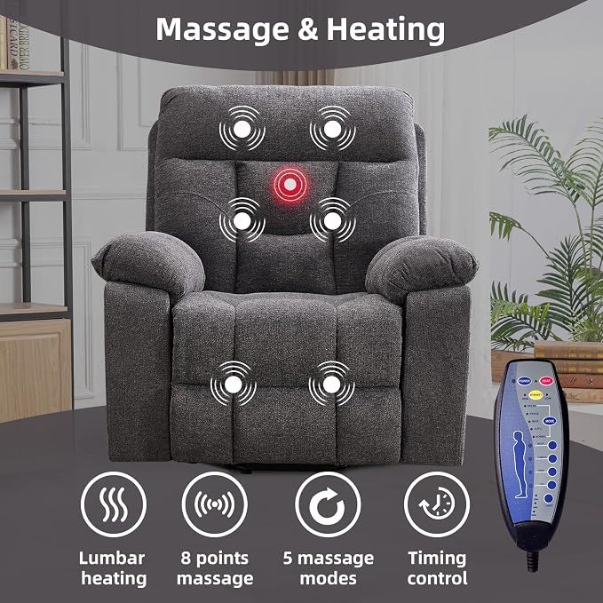 Large Power Lift Recliner Chair with Massage and Heat for Elderly Big and Tall People, Overstuffed Wide Recliners with 2 Cup Holders, Side Pocket and USB Port, Dark Grey