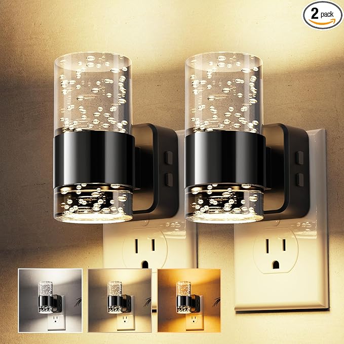 L LOHAS LED Night Lights Plug into Wall 2 Pack, Dimmable Night Light with Dusk-to-Dawn Sensor, Cool White/Soft White/Amber 3 Color Light, Adjustable Brightness, Bubble Nightlight with Rotatable Plug
