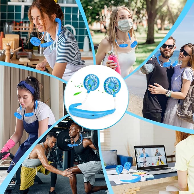 JUANANIUG Portable Neck Fan Rechargeable Personal HandFree Fan Mini USB Wearable Neckband Sport Fan 3 Speed Adjustable 360 Degrees Rotation Perfect for Working Traveling Office Reading (Blue)