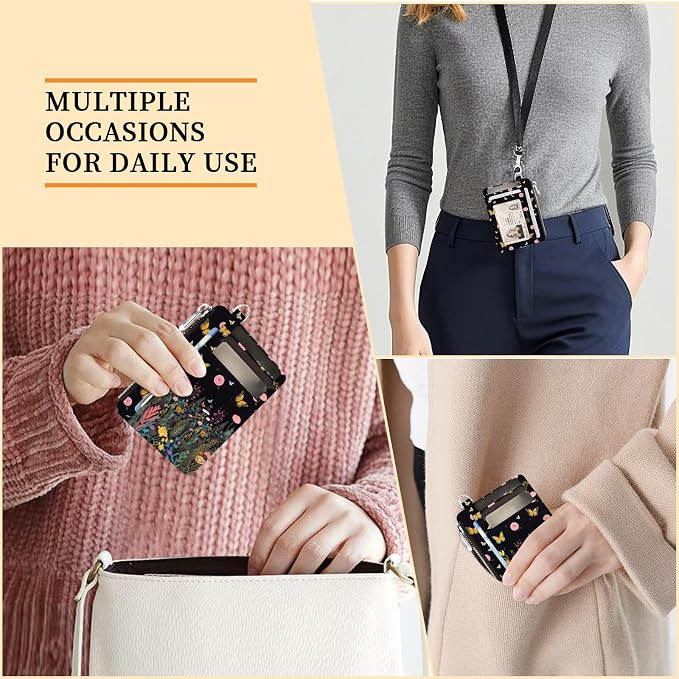 Hancynir Butterfly Flower Slim Wallet Women Credit Card Holder, Small RFID | Zipper Pocket Wallet, Thin Travel Coin Purse, PU Leather, Minimalist Card Case, 6 Card Slots, ID Window, Ladies Women Gifts