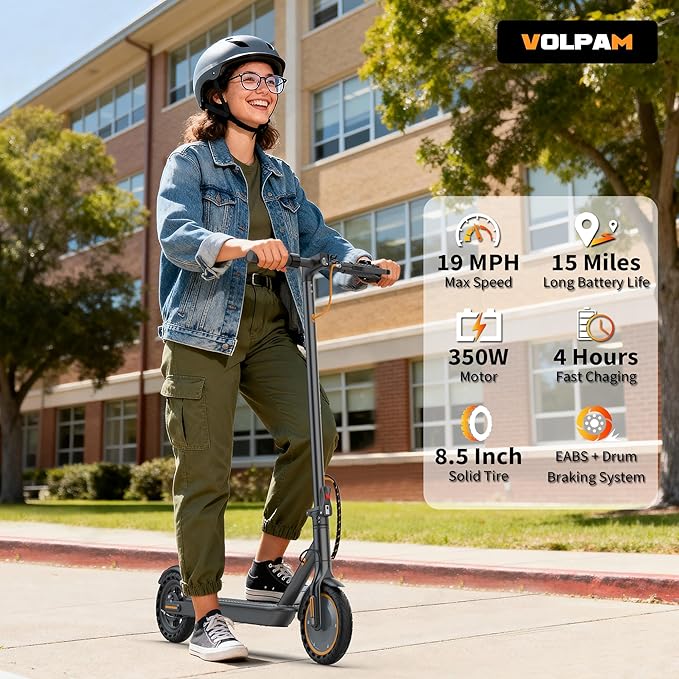 VOLPAM Electric Scooter, 350W/500W Powerful Motor, 8.5"/10" Solid Tires, 19/22Mph, 28/23/21/16 Miles Max Range, Dual Braking