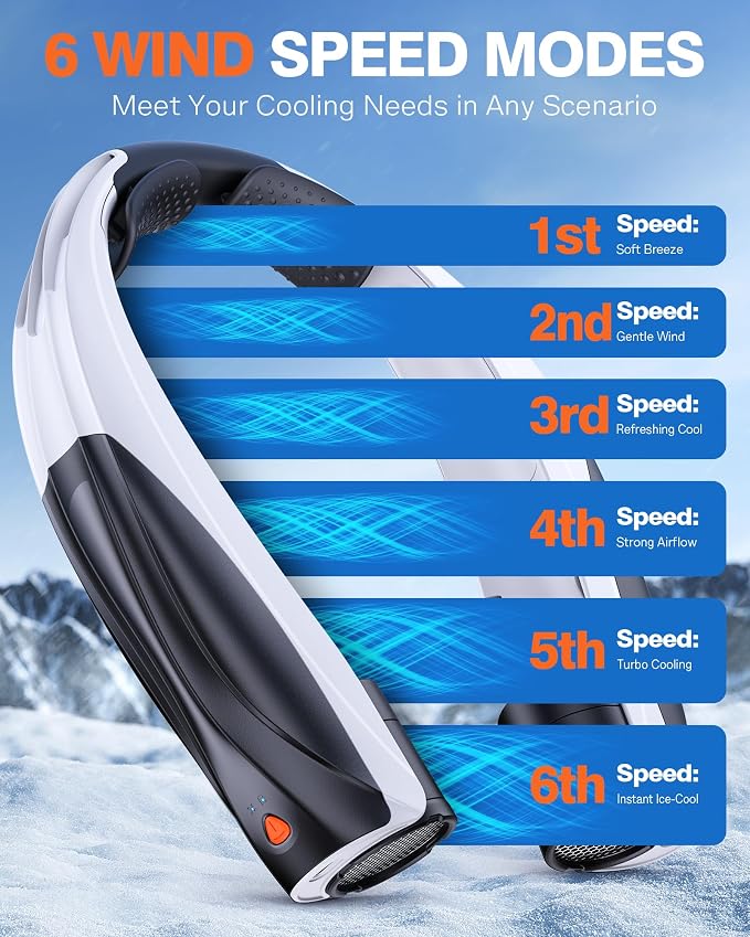 Portable Neck Fan, 6000mAh Personal Fan, 360° Cooling Rechargeable Wearable Fan, 6 Speeds Adjustable Hands-Free Fans for Travel, Outdoor, Office, Ideal Summer Gifts