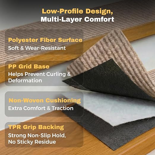 MBIGM Carpet Stair Treads for Wooden Steps, 15 Pack, 8" x 30", Cornstalk | Four-layer polyester carpet with PP grid base, nonwoven cushion and TPR adhesive backing adds indoor traction and comfort