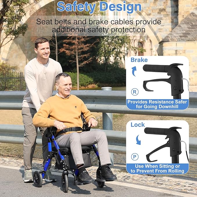 Rollator Walkers for Seniors with Seat, Walker Wheelchair Combo, 2 in 1 Rolling Walker Transport Wheelchair Lightweight Foldable, 10" Big Wheels Transport Chair with Brakes,Blue