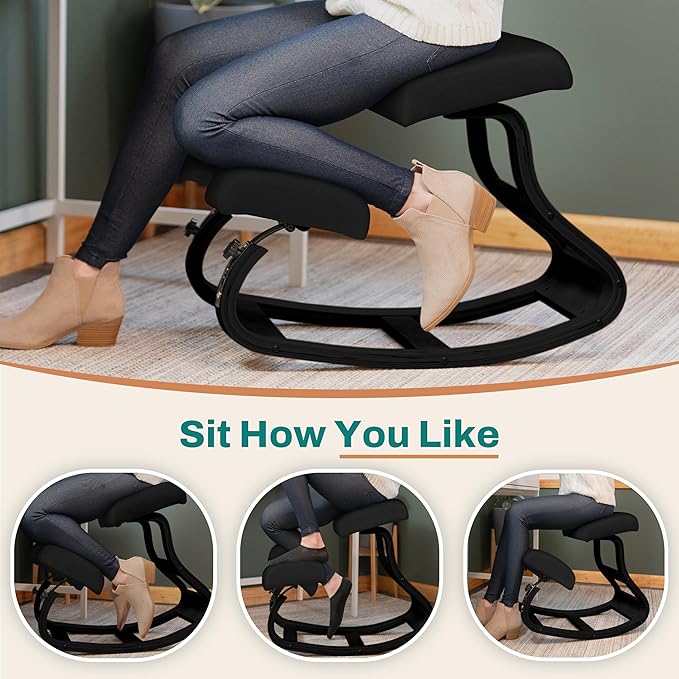 NYPOT Ergonomic Kneeling Chair with Adjustable Seats - Knee Chair for Posture Correction & Kneel Rocking Stool for Desk - Back Pain Relief and Support for Home and Office (Modern, Total Black)