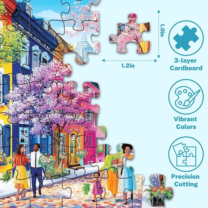 500 Piece Jigsaw Puzzle for Adults, Colorful Spring Street with Blossoms | Vibrant townhouses, blooming trees and cheerful family scenes for screen-free fun, game night, wall decor and senior gifts