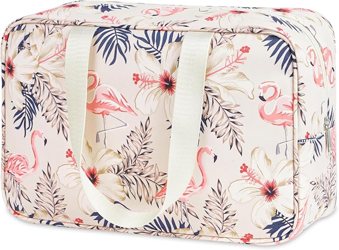 Narwey Full Size Toiletry Bag Women Large Cosmetic Bag Travel Makeup Bag Organizer Medicine Bag for Toiletries Essentials Accessories (Large, Beige Flamingo)