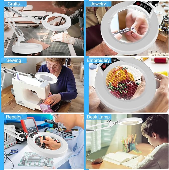 12X Magnifying Glass with Light and Stand, 5 Color Modes Stepless Dimmable 2-in-1 Lighted Magnifier with Clamp, LED Desk Lamp Hands Free for Crafts Hobby Reading Painting Sewing Close Work White