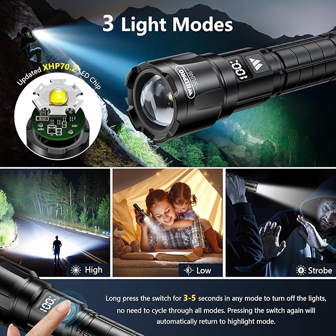WdtPro Rechargeable Flashlights 2 Pack, Super Bright LED High Lumens Tactical Flash Light with LCD Battery Display, Zoomable 3 Modes, Powerful Handheld Flashlights for Home Emergencies Camping Outdoor