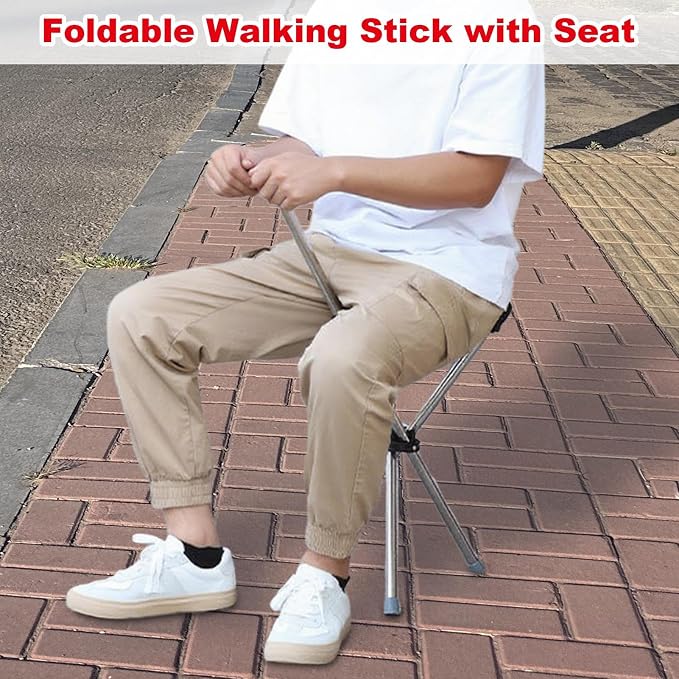 Folding Cane with Seat - Portable Walking Stick, Adjustable Mobility Aid | Lightweight Foldable Crutch Stool with Non-Slip Base, Multifunctional Support Chair for Women, Men, Hiking, Outdoor Travel