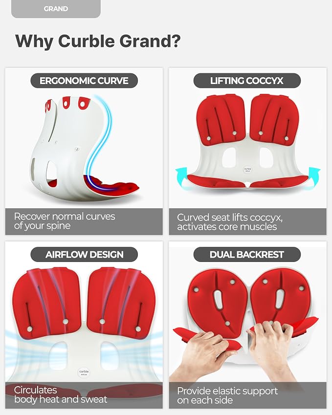 curble Grand(Extra Wide & Sturdy) – Ergonomic Back and Lumbar Support for Good Posture Correction and Back Pain Relief, Perfect for Office, Floor Seat, and Work from Home, Patented (Red)