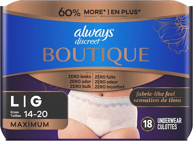 Always Discreet Boutique Incontinence and Postpartum Underwear for Women, Maximum Protection, Large, Rosy, 18 Count