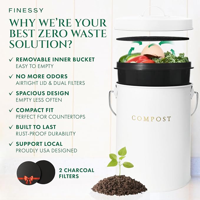 FINESSY Kitchen Compost Bin Countertop White, Indoor Composter 1.3 Gallon | Countertop Compost Bin with Lid Charcoal Filter (2) & Removable Inner Bucket. Dishwasher Safe Composting Bin.