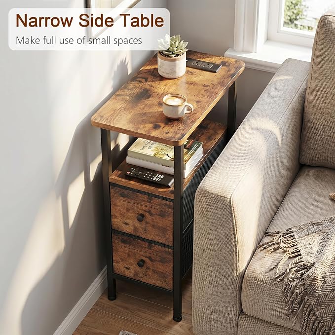 Narrow End Table with Charging Station, Small Nightstand | Skinny Side Tables Living Room with 2 Fabric Drawers, Slim Bedside Table for Bedroom, Small Spaces, Couch, Brown