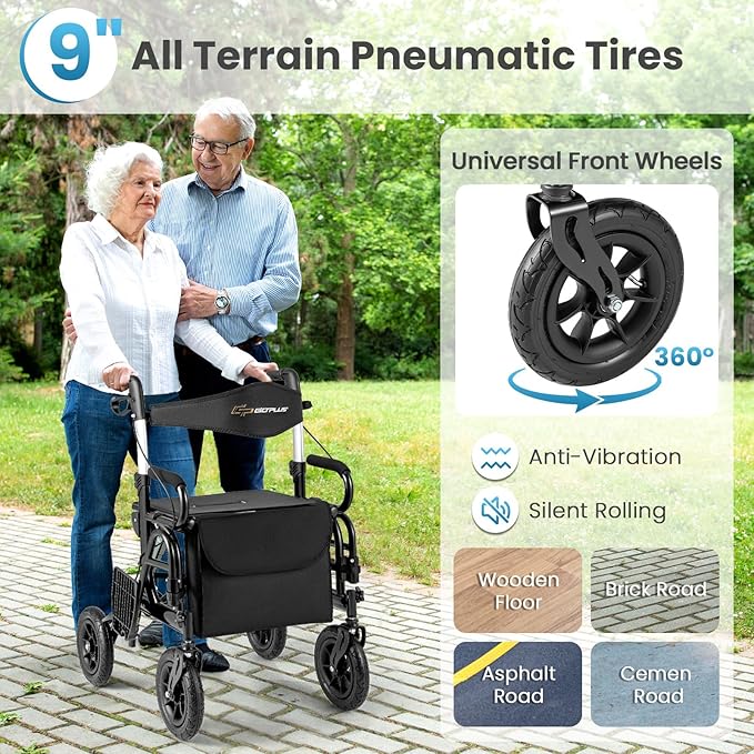 Goplus Walkers for Seniors with Seat, 2 in 1 Folding Rolling Rollator Walker & Wheelchair Combo with Brakes, 9" Pneumatic Tires for All Terrain, Aluminum Adult Mobility Walking Aid