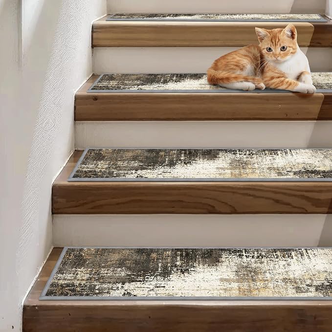 sarben 8"x30" Non Slip Stair Treads for Wooden Steps 15 Pack,Chestnut Smoke | Peel and Stick Carpet Stair Runner with TPE Adhesive Backing, Carpet for Added Safety, Pet and Senior Friendly