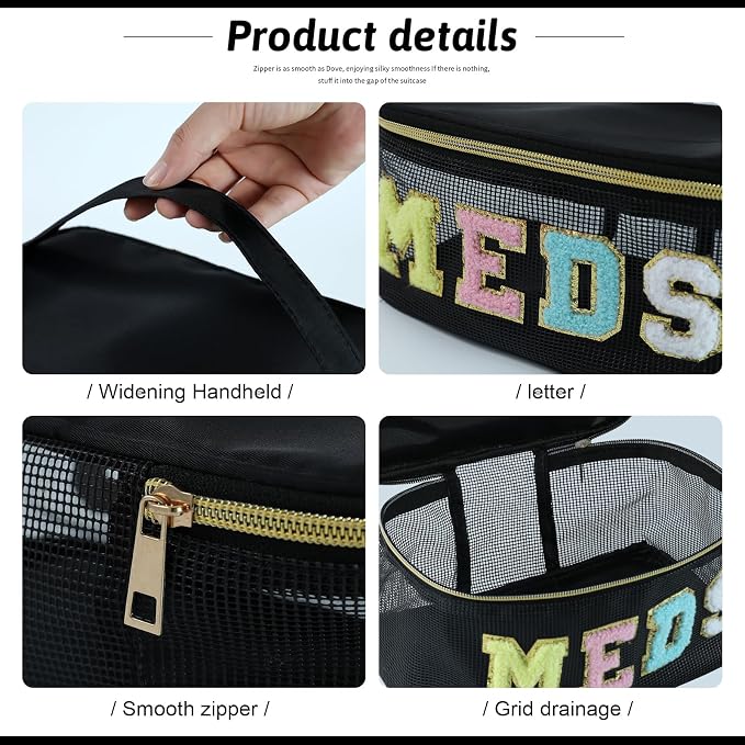 Medicine Bag, Portable Meds Bag with Chenille Letters, Breathable Mesh Makeup Bag Organizer for Travel, Pill Storage & Cosmetic Collection